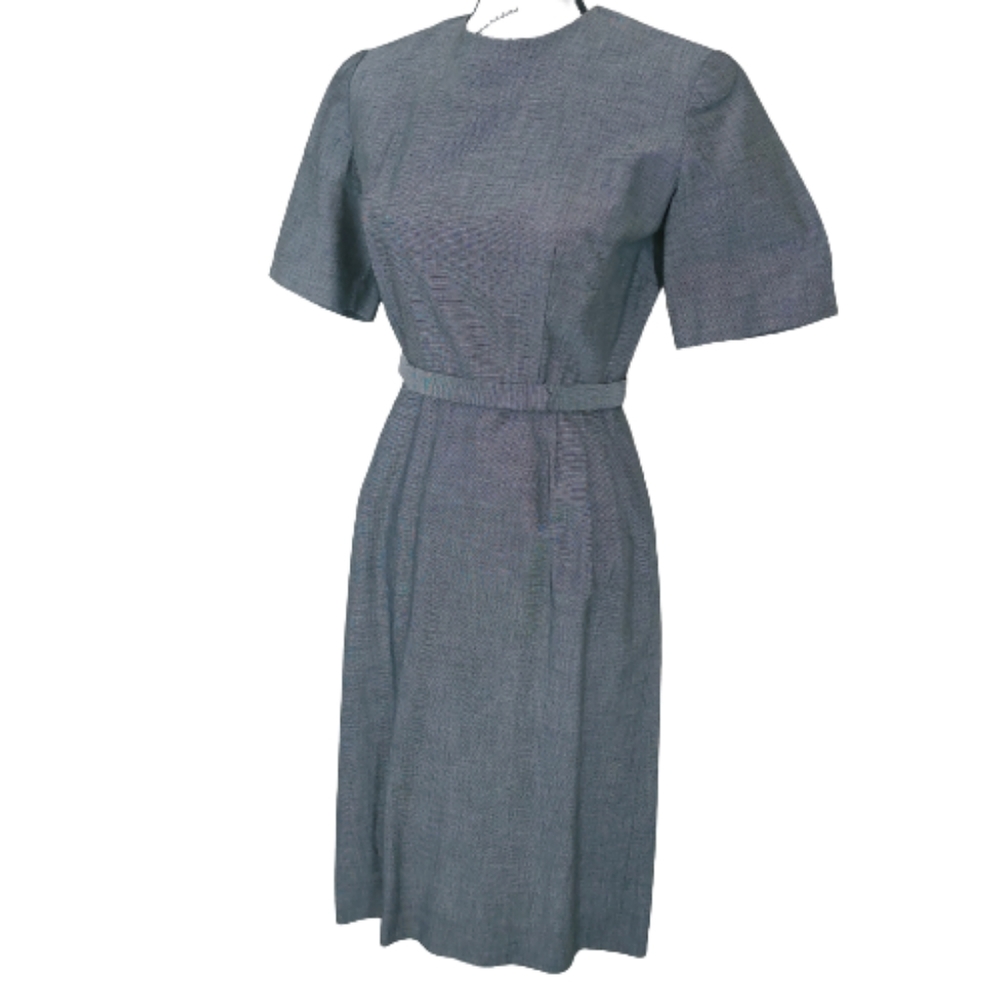 Vintage Gray Belted Sheath Dress Secretary